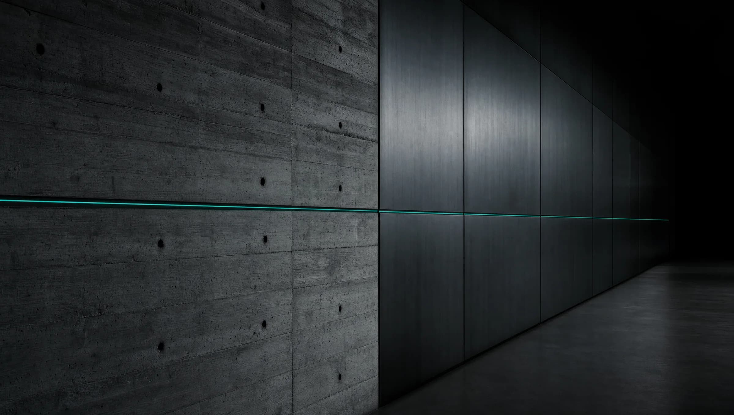 A dark board-formed concrete wall meeting brushed metal panels, with a single continuous line of teal light running along the seam into shadow.